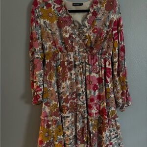 Mikarose Floral Long Sleeve Dress in Pink and Brown